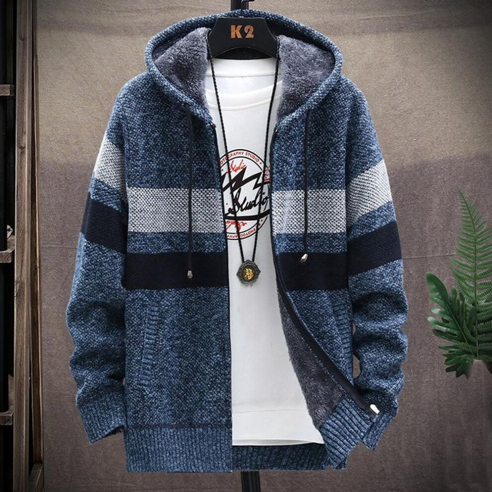 Lenovo (Blue, Xxl) Cardigan Men Sweaters Coats Winter Fleece Knitted Sweater Jacket Warm Zipper Wool Hooded Cardigan