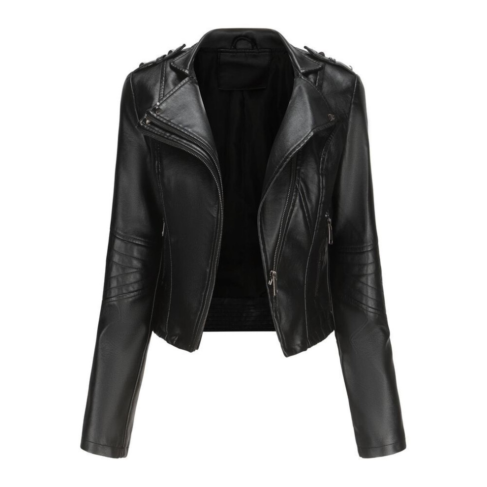 (black, L) Women's Jackets Rivets Faux Leather Lapel Zipper Bomber Jacket Short Slim Fit Motorcycle Coat Casual Street Outer Wear
