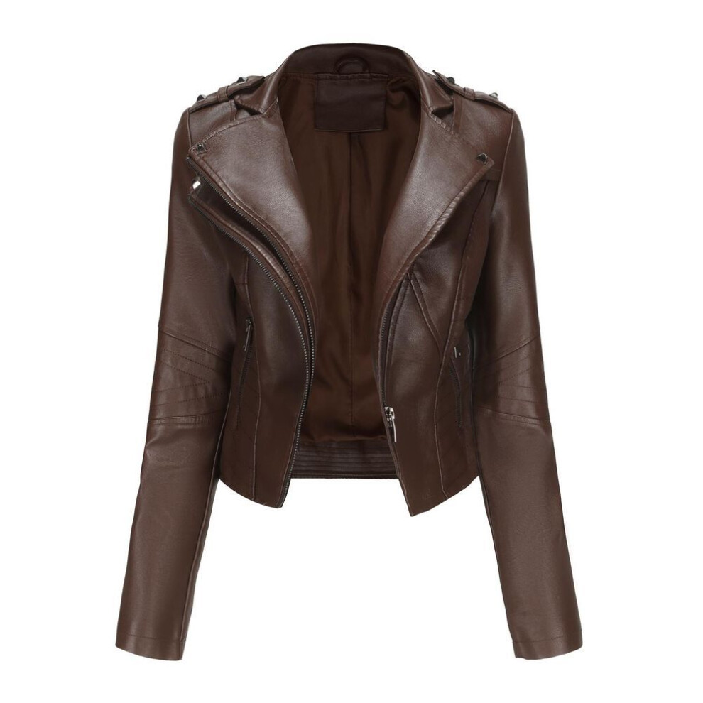 (brown, M) Women's Jackets Rivets Faux Leather Lapel Zipper Bomber Jacket Short Slim Fit Motorcycle Coat Casual Street Outer Wear