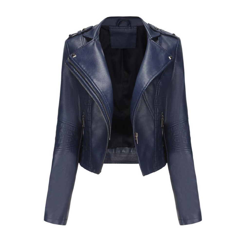 (dark blue, XL) Women's Jackets Rivets Faux Leather Lapel Zipper Bomber Jacket Short Slim Fit Motorcycle Coat Casual Street Outer Wear