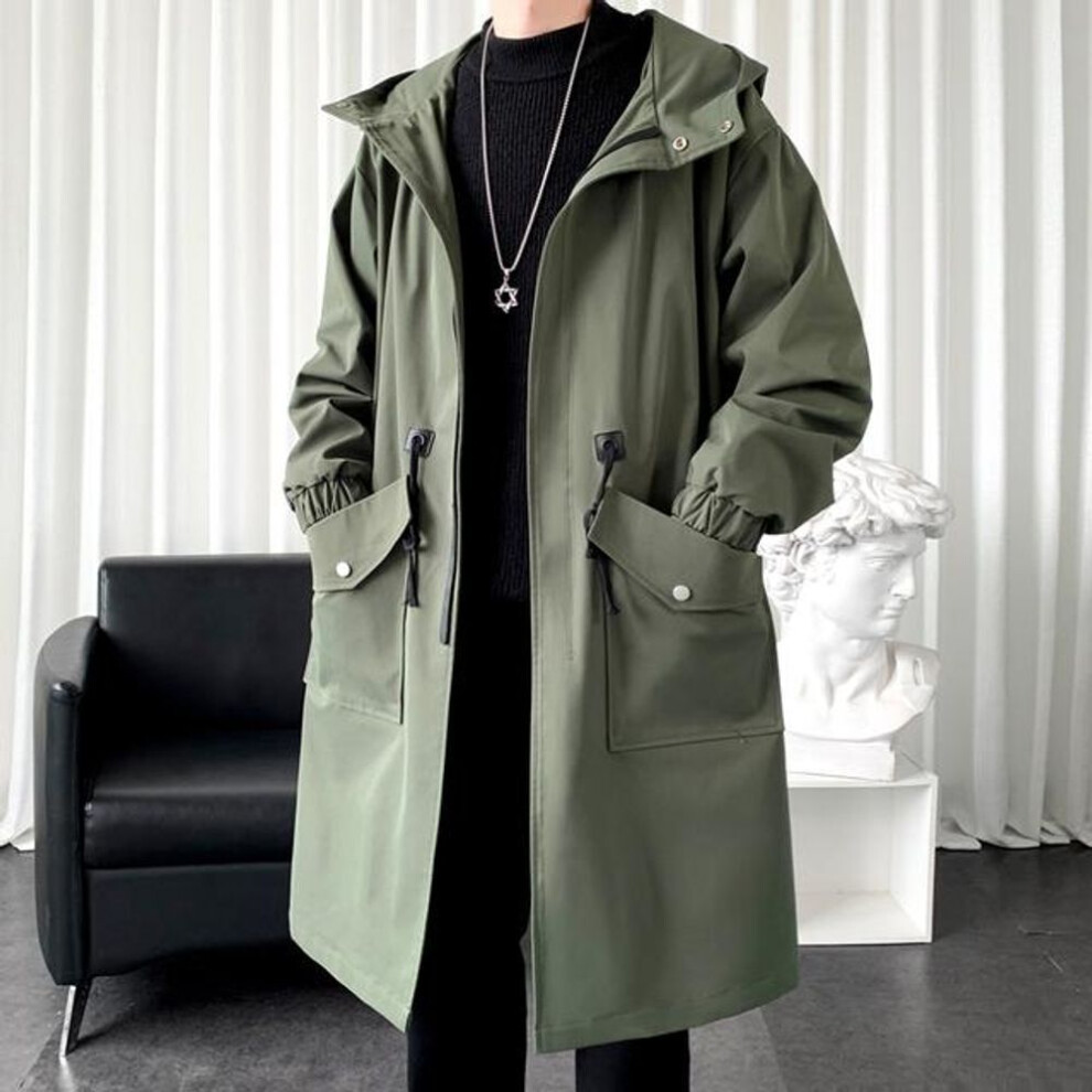 (green, XXXL) Long Trench Coat Jacket Men Cotton Autumn Spring Black Hip Hop Japanese Coats Streetwear Men&apos;s Hooded Army Green Casual Jackets