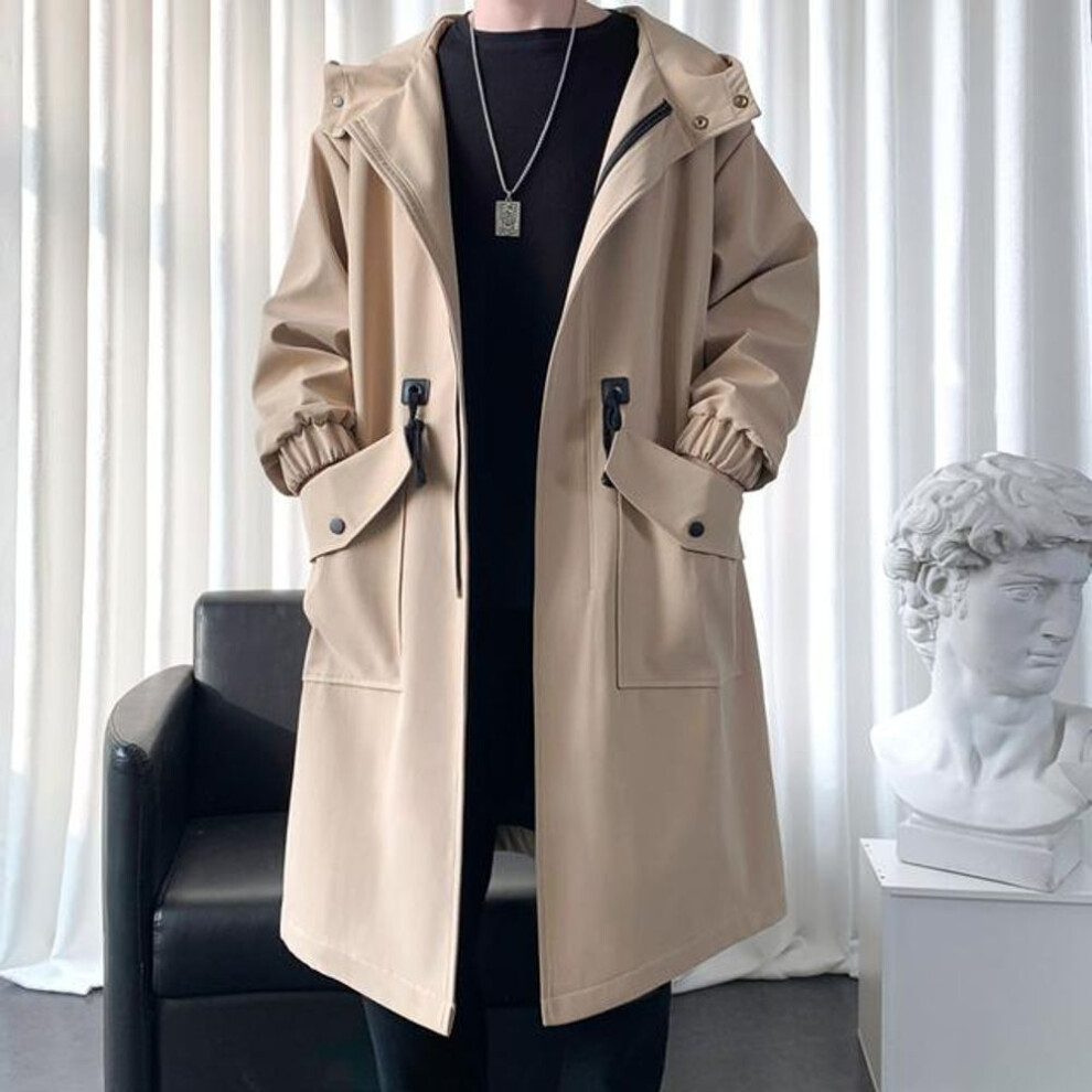(khaki, XXXL) Long Trench Coat Jacket Men Cotton Autumn Spring Black Hip Hop Japanese Coats Streetwear Men&apos;s Hooded Army Green Casual Jackets