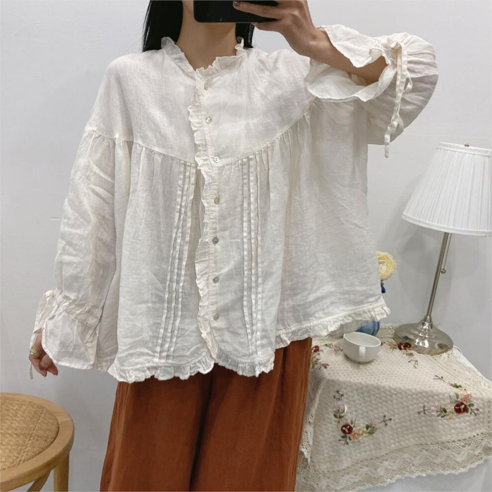 (ivory, One Size) Johnature Ruffles Linen Lace-up Women Shirts Tops Spring Summer Vintage Mori Loose Slits Female Blouses