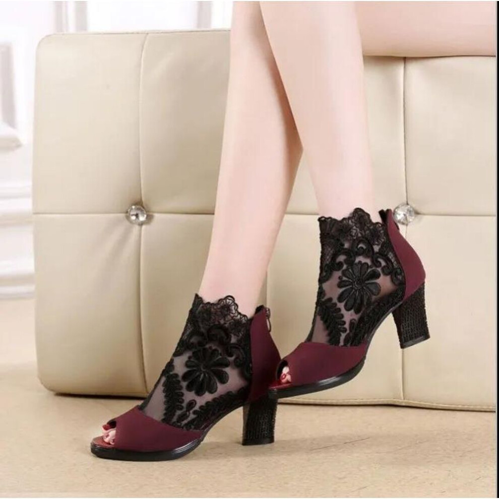 (red, 35) Ladies Lace Summer Slipper  Medium Heel Plus Size Sandals Breathable Mesh Fashion Comfortable High Heels