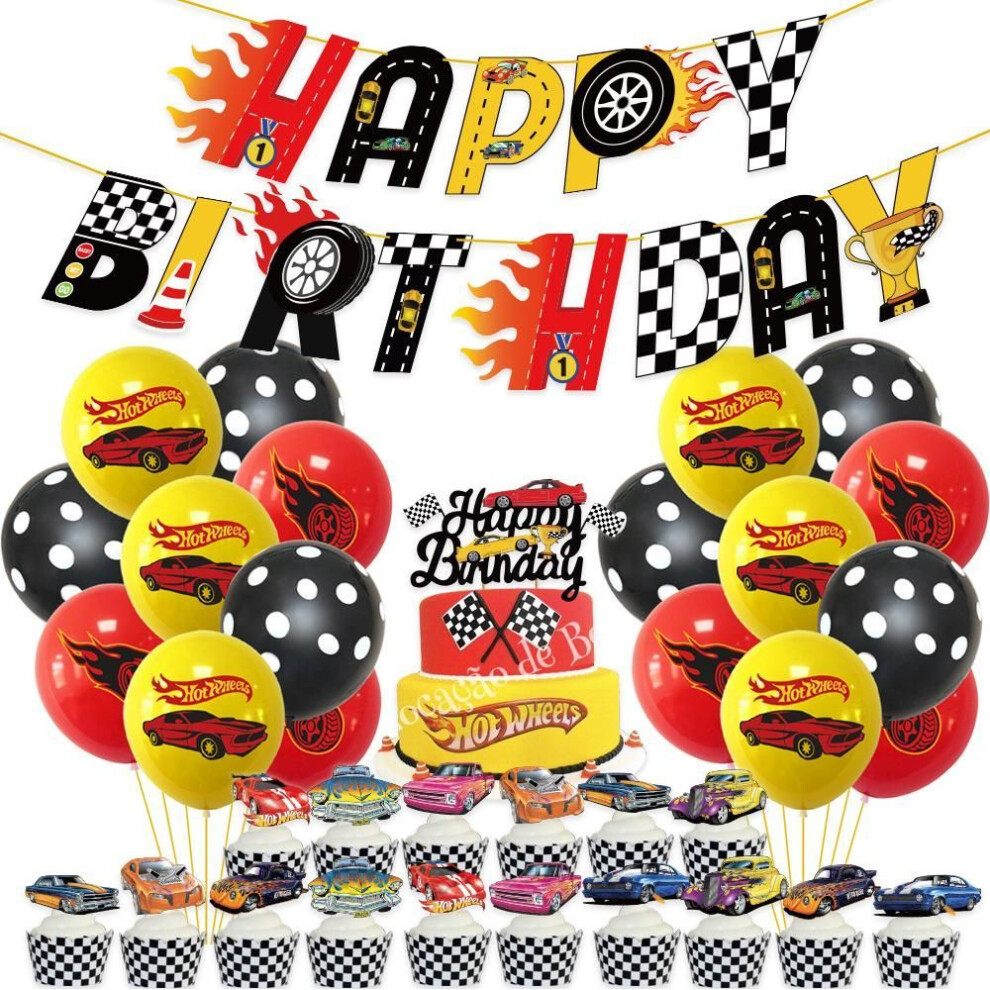 36pcs Hot Wheels Party Decoration Include Banner Cake Topper Balloons
