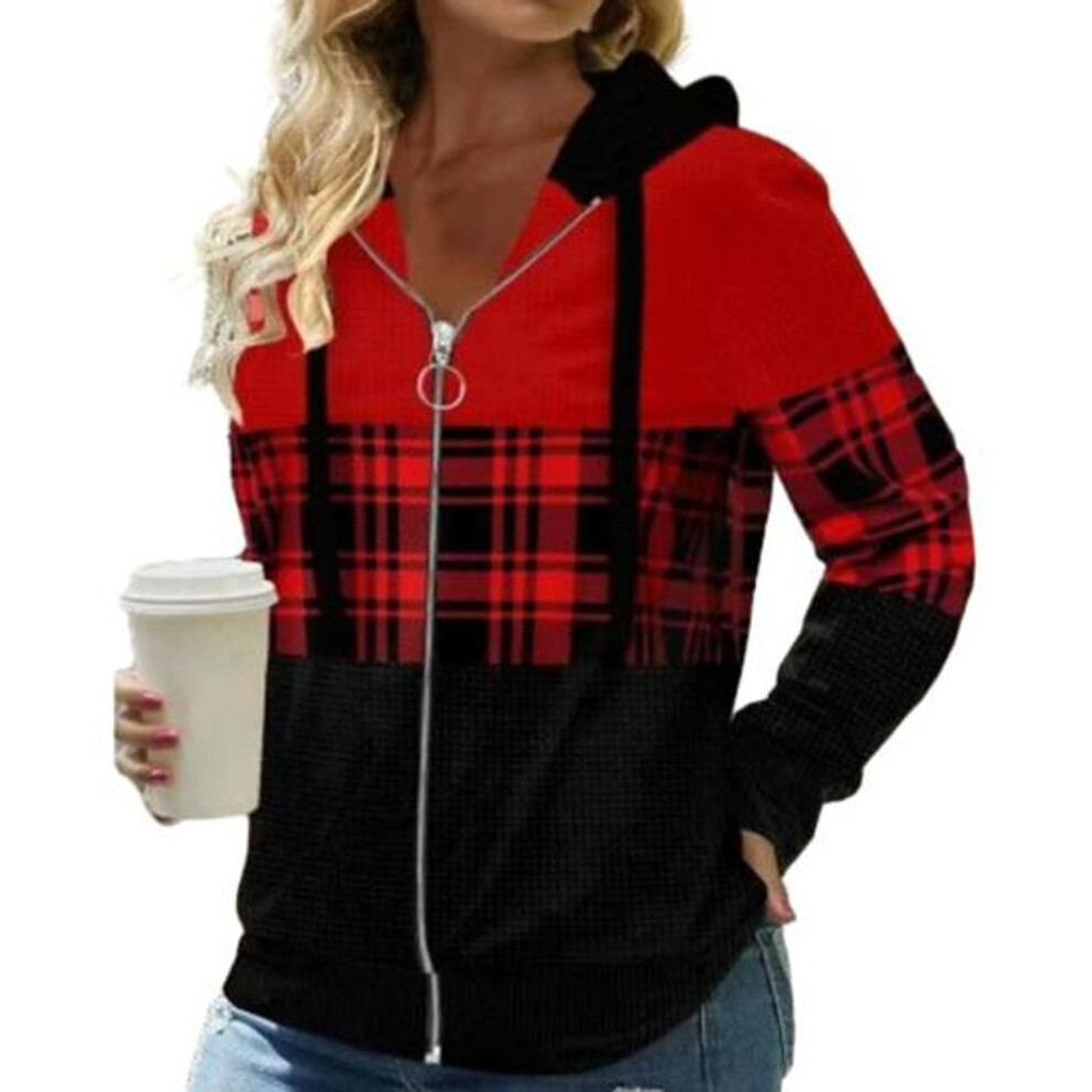(red, XL) Autumn Women Hoodies Fashion Plaid Pattern Zipper Placket Cardigan Jacket Regular Fit Long Sleeves Casual Hooded Coat Spring Autumn Female Clothing