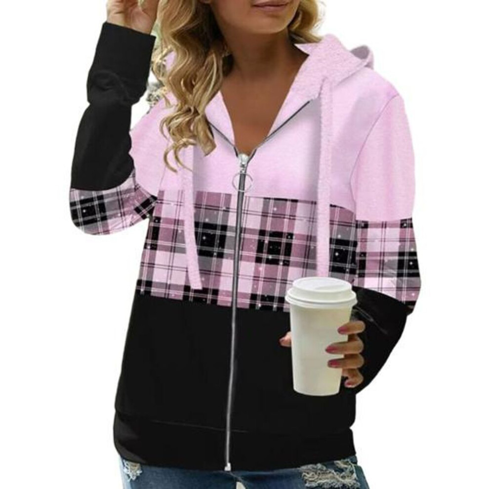 (pink, XL) Autumn Women Hoodies Fashion Plaid Pattern Zipper Placket Cardigan Jacket Regular Fit Long Sleeves Casual Hooded Coat Spring Autumn Female Clothing