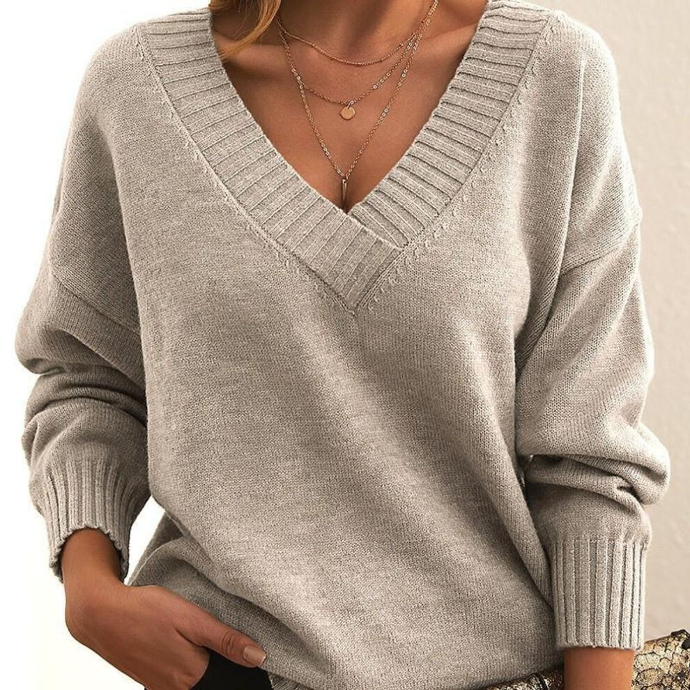 (apricot, XXXXXL) Women's Fashion Casual Solid Color V-Neck Sweaters
