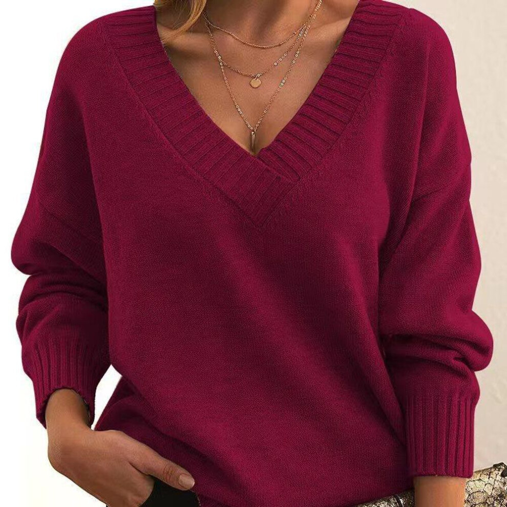 (red, XXXXL) Women's Fashion Casual Solid Color V-Neck Sweaters