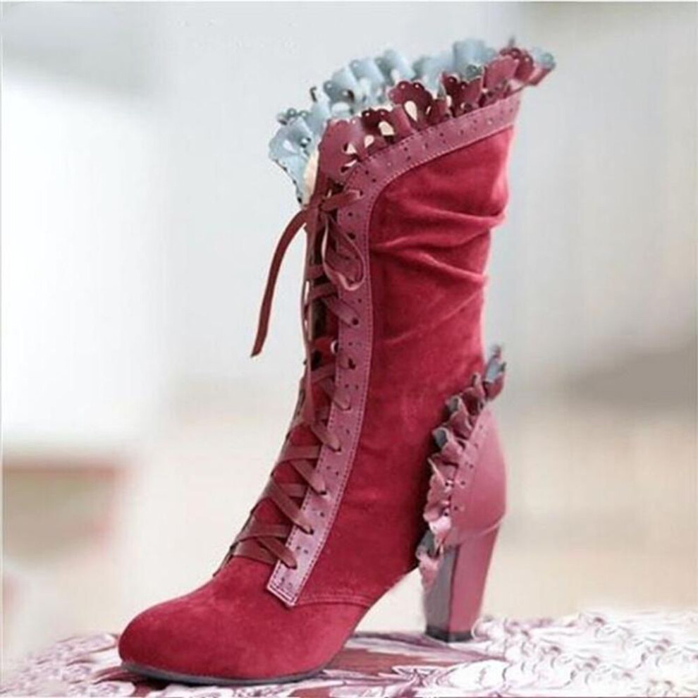 (red, 37) Women Square High Heel Boots Women Sexy Flock Leather Boots Autumn Winter Vintage Lace Shoes Women Lace-Up Fashion Boots
