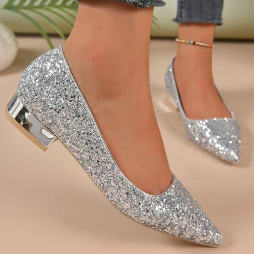 (silver, 39) Heeled Women Shoes Shining Gold Silver Ladies Pumps Low Heels Slip on Party Wedding Shoes for Women Big Size