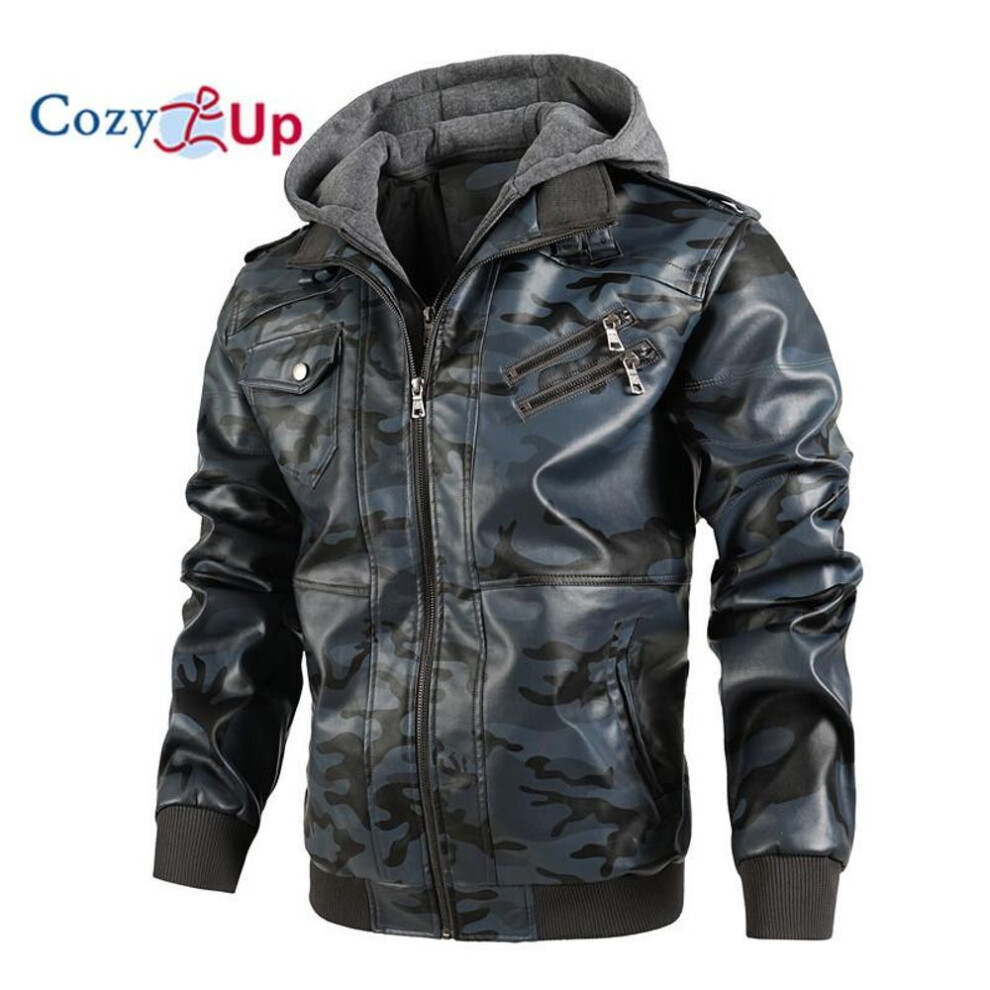 (blue, M) Cozy Up Men's Casual Stand Collar PU Faux Leather Zip-Up Motorcycle Bomber Jacket with A Removable Hood
