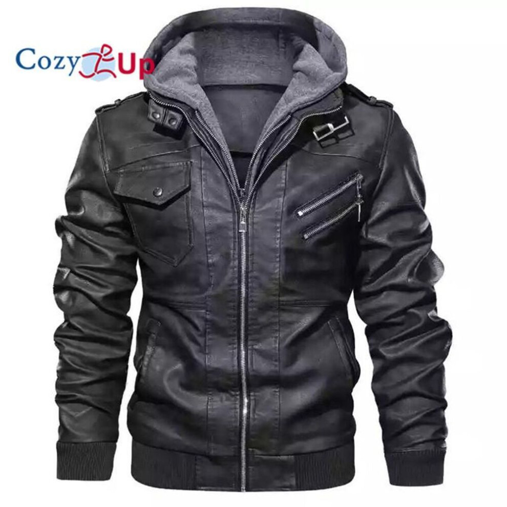 (grey, M) Cozy Up Men's Casual Stand Collar PU Faux Leather Zip-Up Motorcycle Bomber Jacket with A Removable Hood