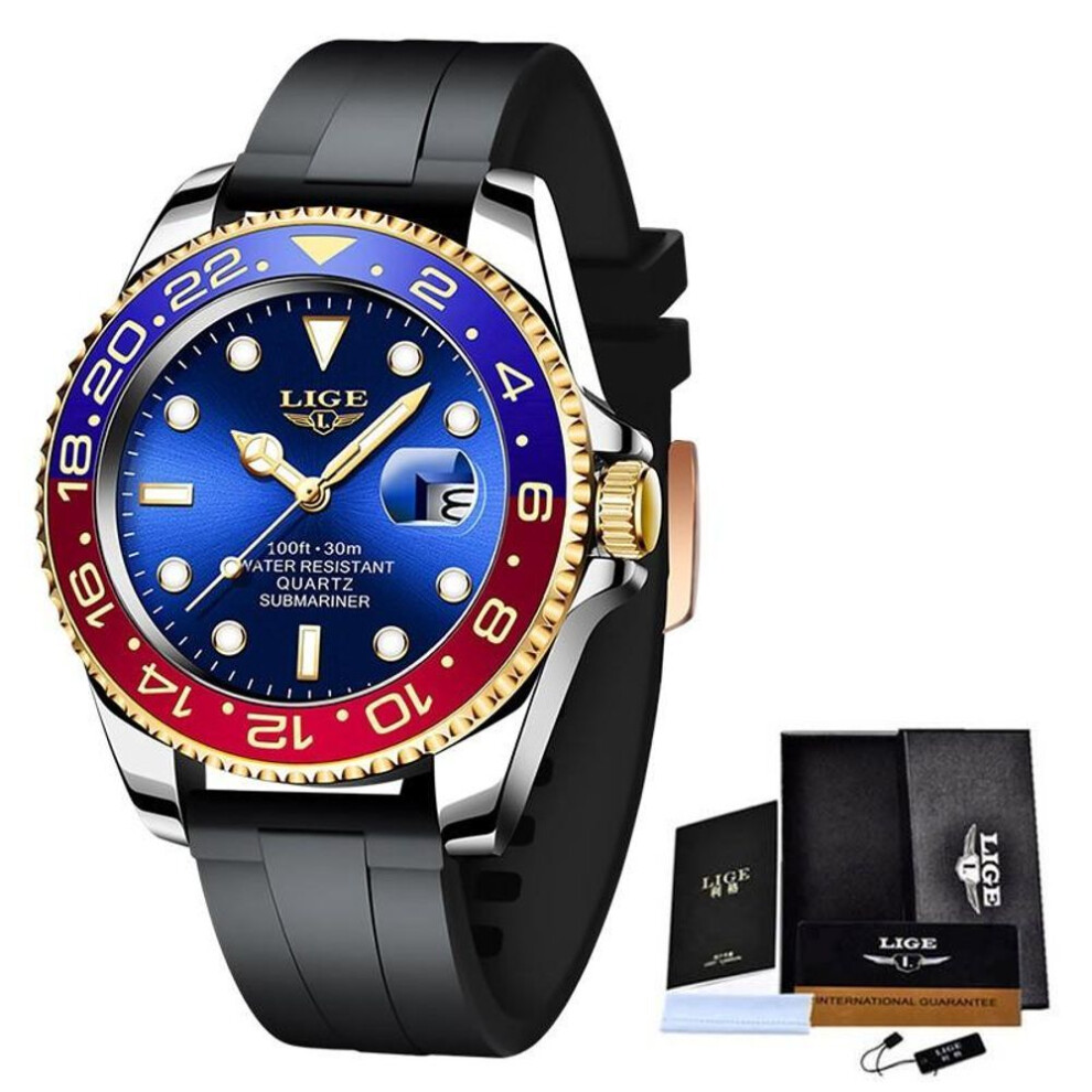(red,blue) LIGE Fashion Business Mens Watches Waterproof Auto Date Watch Military Men&apos;s Watch Stainless Steel Sport Men Wrist Watches