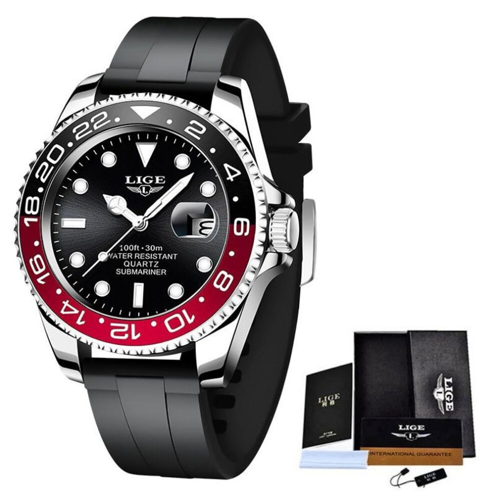 (red,black) LIGE Fashion Business Mens Watches Waterproof Auto Date Watch Military Men&apos;s Watch Stainless Steel Sport Men Wrist Watches