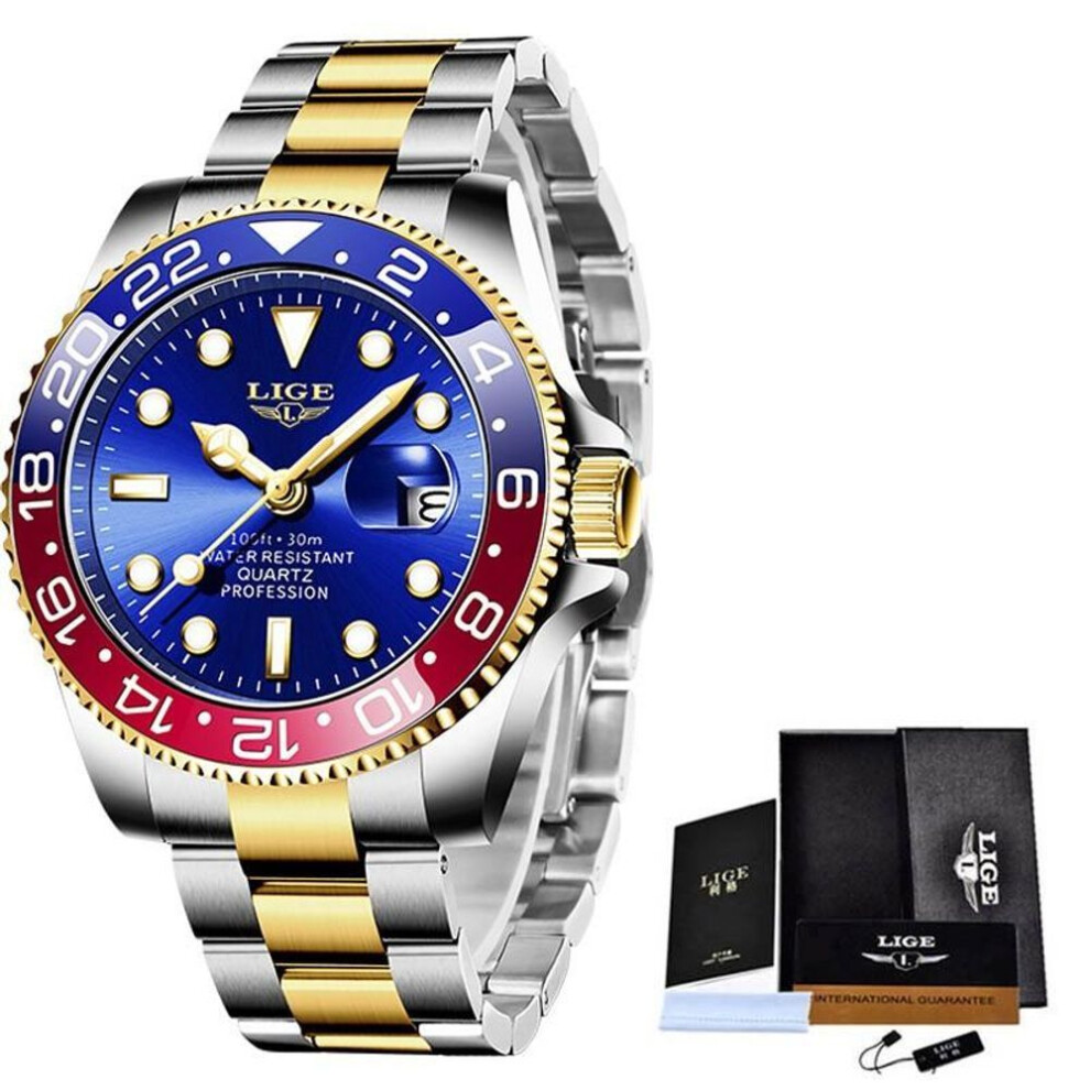 (gold,blue) LIGE Fashion Business Mens Watches Waterproof Auto Date Watch Military Men&apos;s Watch Stainless Steel Sport Men Wrist Watches