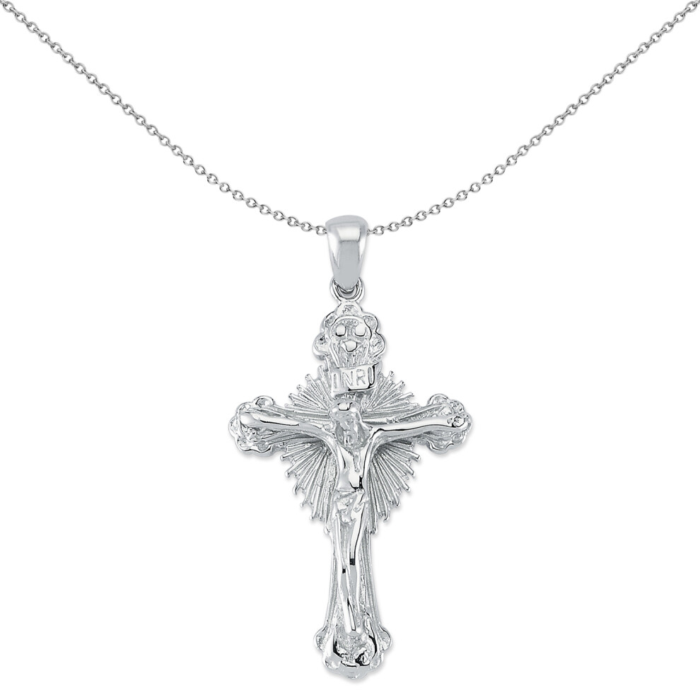 Jewelco London Unisex Rhodium Plated Sterling Silver INRI Crucifix Radiant Cross Pendant Necklace 18 inch - GVX078