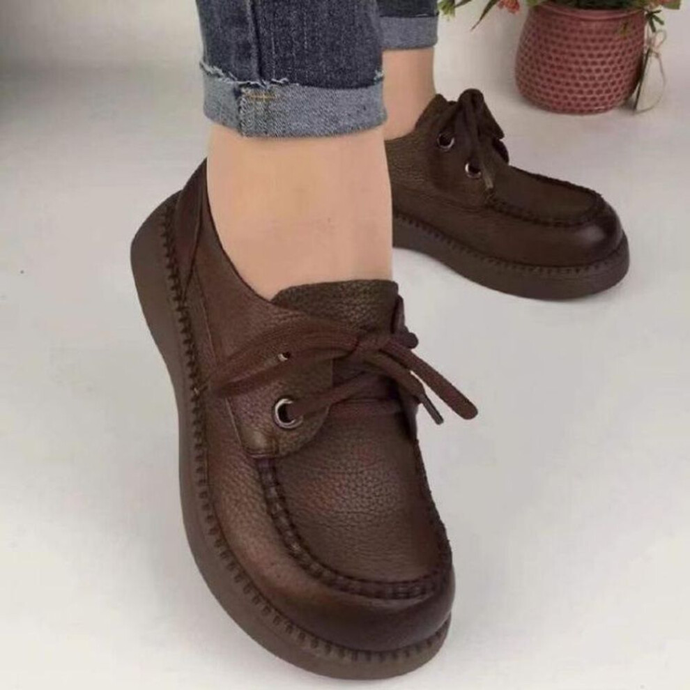 (brown, 39) Spring and Autumn Muffin Soles PU Deep-mouthed Mid-heel Low-top Shoes with Cross Tie Round Rubber Thick Soles Women&apos;s Plus Size