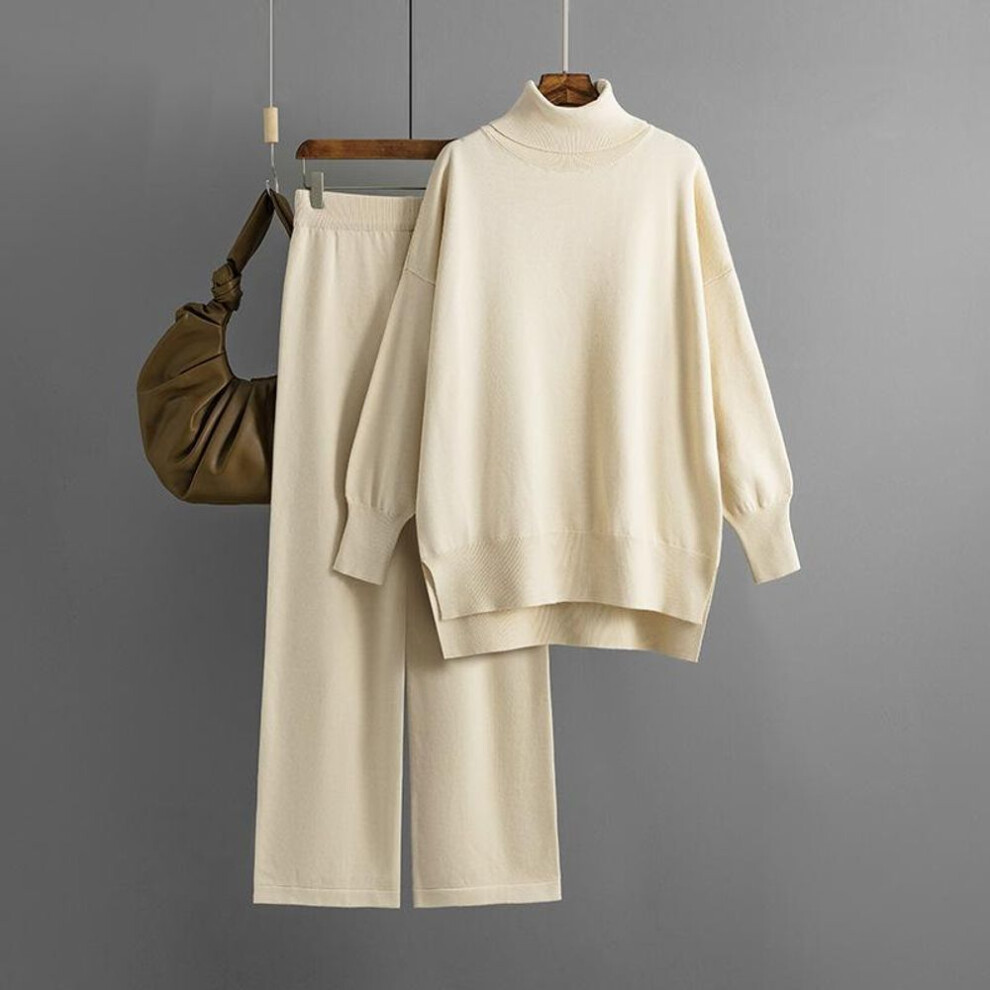 (apricot, OneSize) Fall Winter Lazy Wind Loose Turtleneck Sweater Suit Women&apos;s Solid Color Long Sleeve Wide Leg Pants Two Piece SetV
