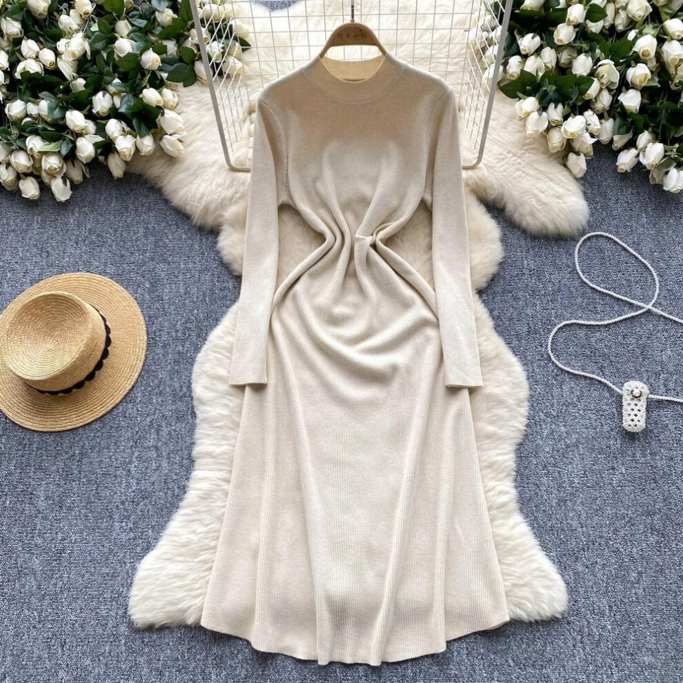 (beige, One Size) Vintage  Elegant O Neck Lool Sleeve Knit Korean Fashion Sweet Dress Women Basics Fashion Summer Spring Dresses