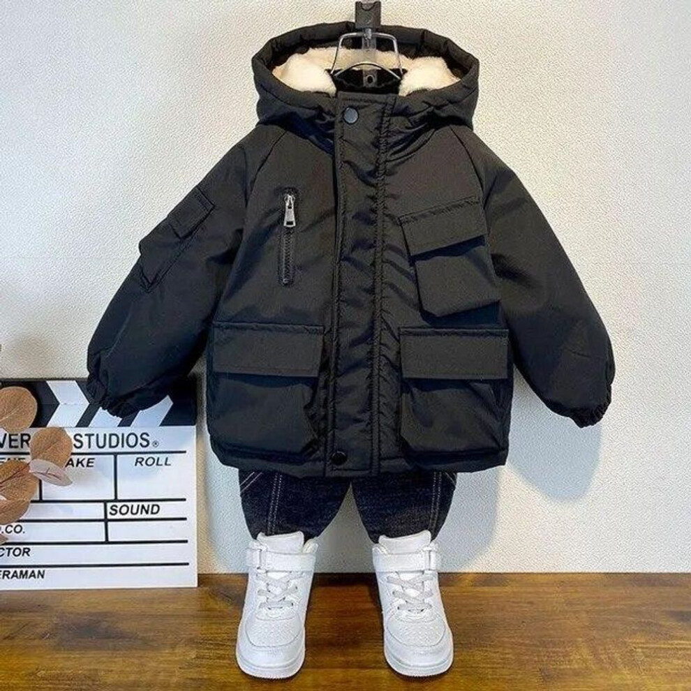 (Black, 160cm) Winter Down Cotton Jacket Boys Black Hooded Coat Children Outerwear Clothing Teenage 3-8Y Kids Parka Padded Snowsuit