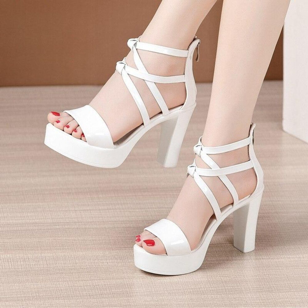 (white, 41) Big Size Platform Sandals Women Wedding Shoes Summer High Heels Sandals Patent Leather Sandals