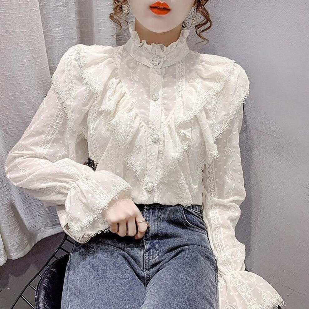 (apricot, L) Fashion Ruffle Vintage Blouse Women Elegant Long Sleeve Lace Shirt Loose Chiffon Shirts Stand Collar Pleated Tops 15832