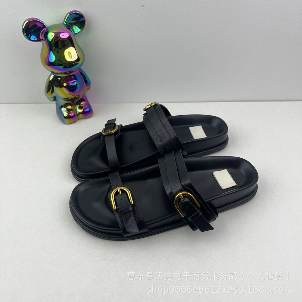 (Black, 35) Woxin ZA new flat-soled leisure travel vacation beach shoes thick soles versatile one-strip sandals for women in summer