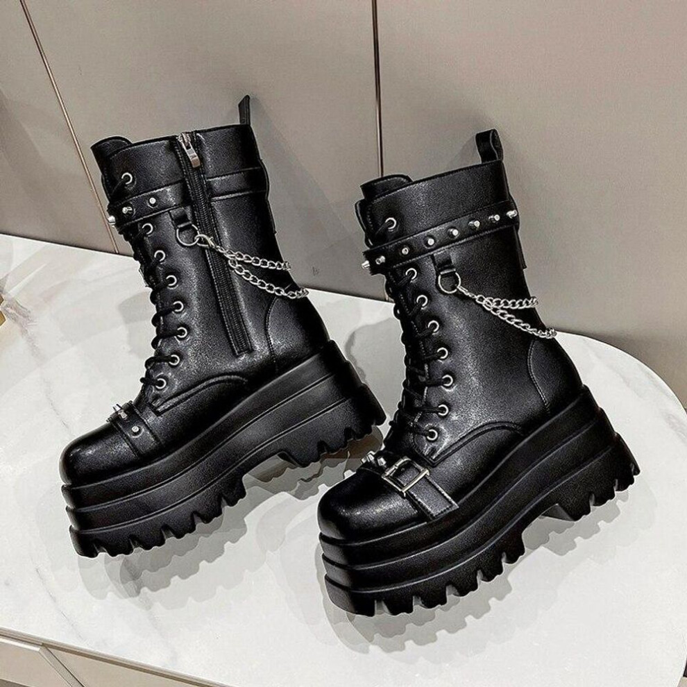 (black, 40) Motorcycle Ankle Boots Woman Punk Gothic for Women Boots Combat Ladies Black Metal Button Autumn New Women Shoes Platform Boots
