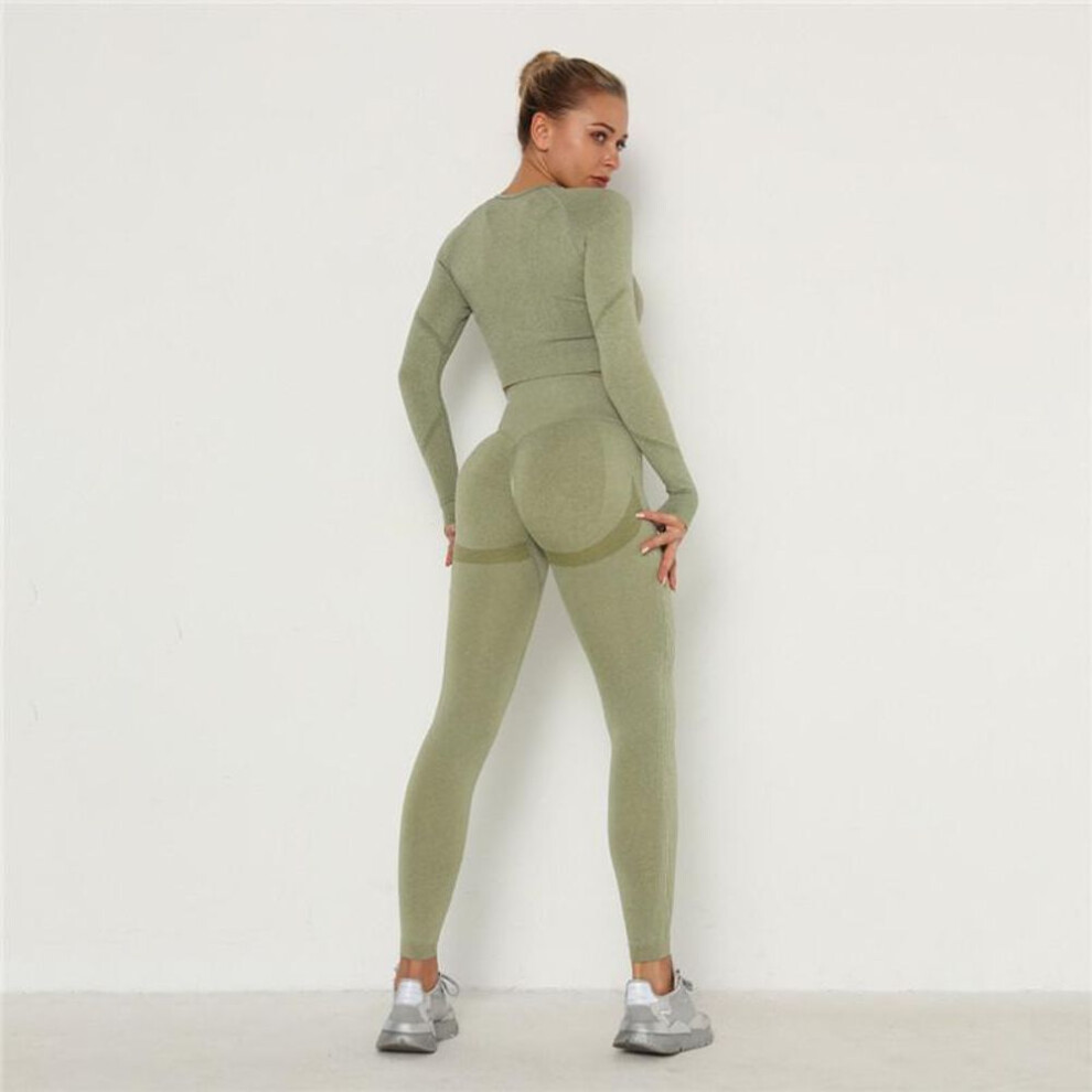 (army green, M) Seamless Set Nessaj Yoga Suit 2 Pcs Long Sleeve T-Shirts Push Up Leggings Sexy Sport Gym Sets