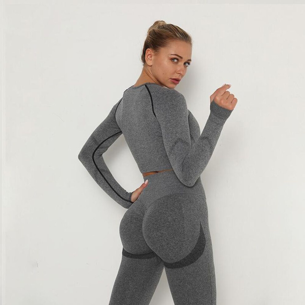 (dark gray, M) Seamless Set Nessaj Yoga Suit 2 Pcs Long Sleeve T-Shirts Push Up Leggings Sexy Sport Gym Sets