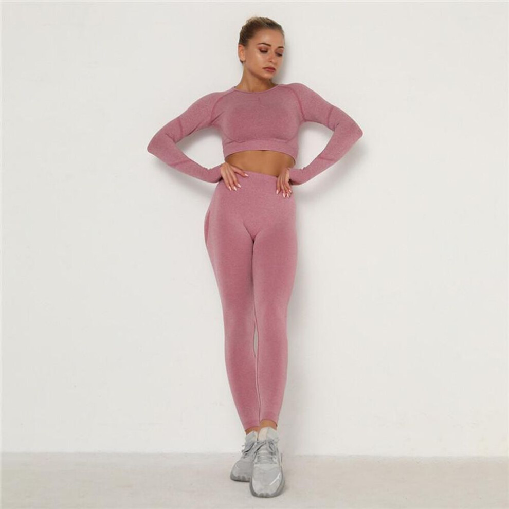 (wine red, L) Seamless Set Nessaj Yoga Suit 2 Pcs Long Sleeve T-Shirts Push Up Leggings Sexy Sport Gym Sets