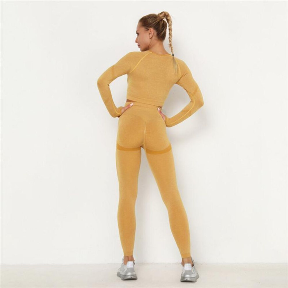 (yellow, XL) Seamless Set Nessaj Yoga Suit 2 Pcs Long Sleeve T-Shirts Push Up Leggings Sexy Sport Gym Sets