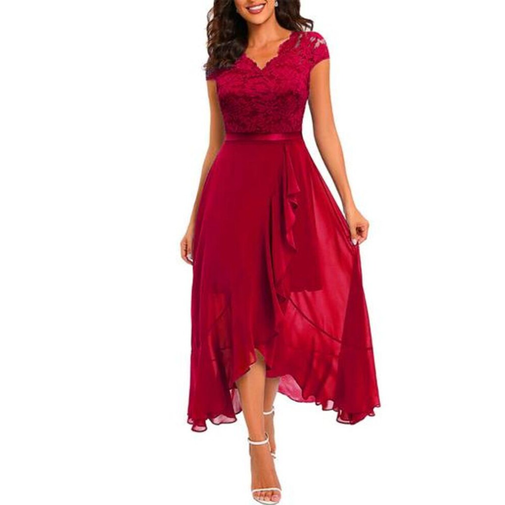 (red, M) Women Party Dress Lace V Neck Ruffle Sleeveless Irregular Hem Dress-up Tight Waist Loose Hem Women Prom Dress Female Clothes