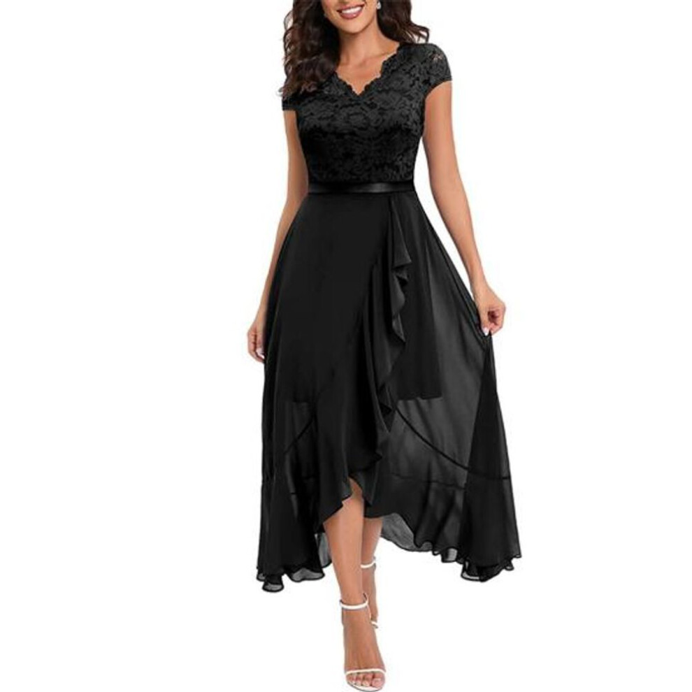 (black, M) Women Party Dress Lace V Neck Ruffle Sleeveless Irregular Hem Dress-up Tight Waist Loose Hem Women Prom Dress Female Clothes