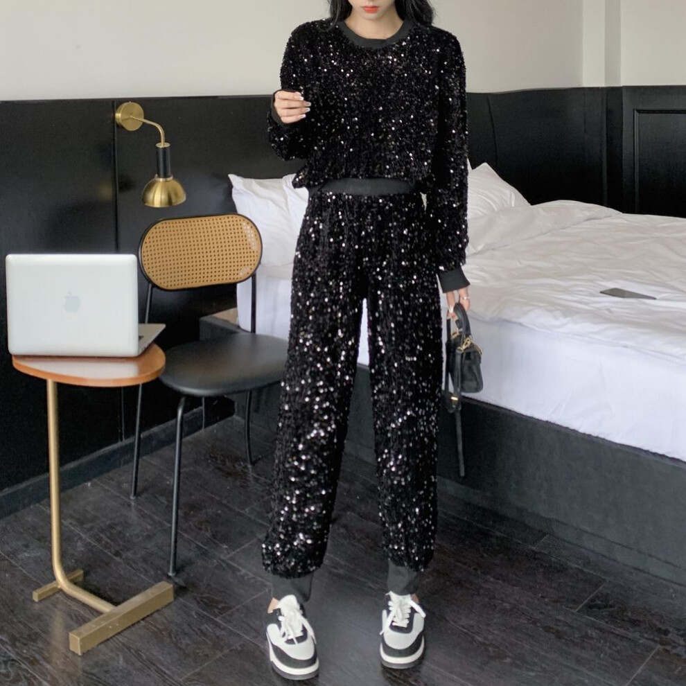 (black, One Size) RUGOD Fashion Suit Women&apos;s Personality  Fashion Sequin set Top and Pant Two-piece Set High Waist Slit Pleated Wide Leg Pants