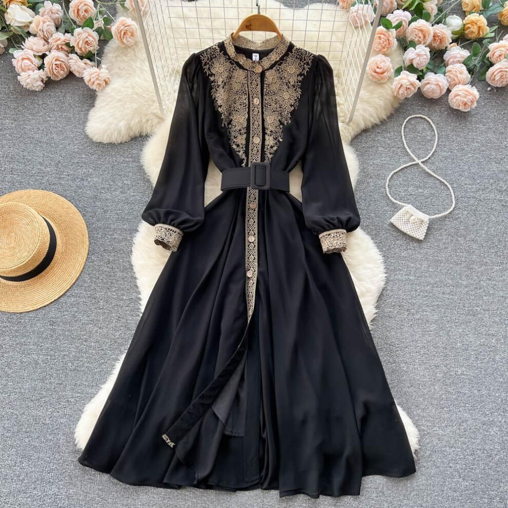 (black, M) Black Women Flower Embroidery Dress Long Lantern Sleeve Stand Collar Chiffon Vintage High Waist Belted Midi Dresses