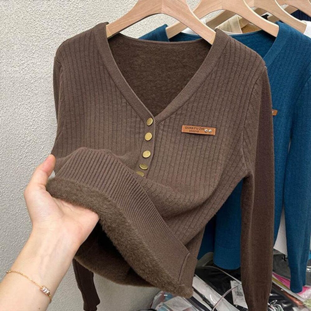 (coffee, XL) Plush Thickened Sweater Knit Bottom Blouse for Women with A Slim V-neck Top In Autumn and Winter Versatile Knitted Jumpers