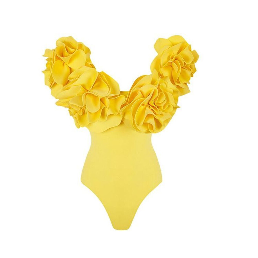 (as the picture, S) 2024 New Vintage 3D Flower Decor Yellow One Piece Swimsuit  Swimwear Women Beachwear Luxury Bathing Suit