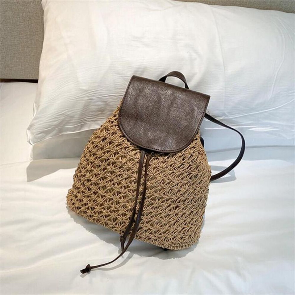 (brown, 33cm*16cm*30cm) Summer Backpack Women Rattan Straw Bag Casual Hollow Out Ladies Woven Beach Bag Backpacks Female Drawstring