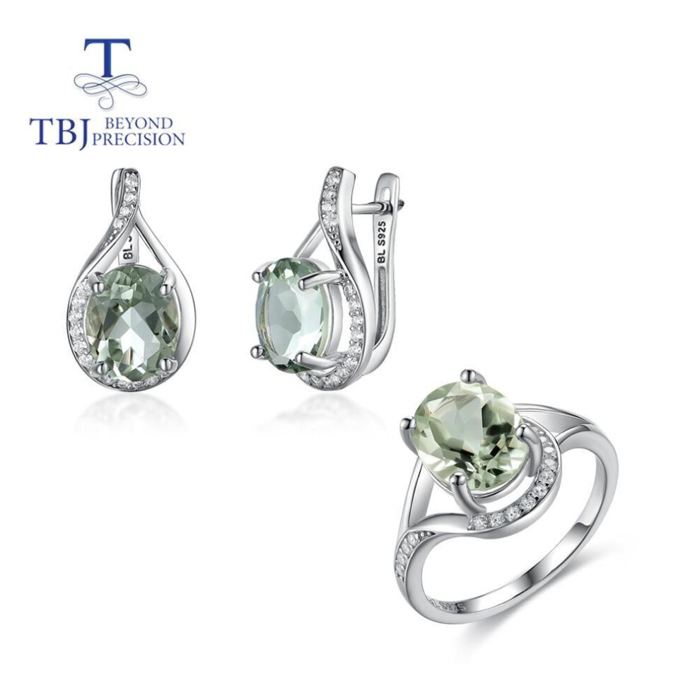 (green, us ring size 9#) Natural Green amethyst Jewelry set 10ct oval 8*10mm Earring ring 925 sterling silver for women daily wear nice gift