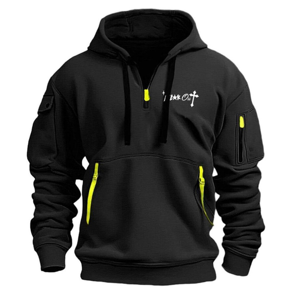 (black, S) Men's Quarter Zip Pocket Hoodie for Sports & Streetwear