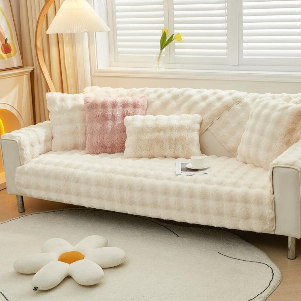 (beige, 110x180cm 1pcs) Thicken Rabbit Plush Sofa Covers Solid Color Winter Non-slip Couch Slipcover Full Coverage Seaters Backrest Handrail Sofa Towel