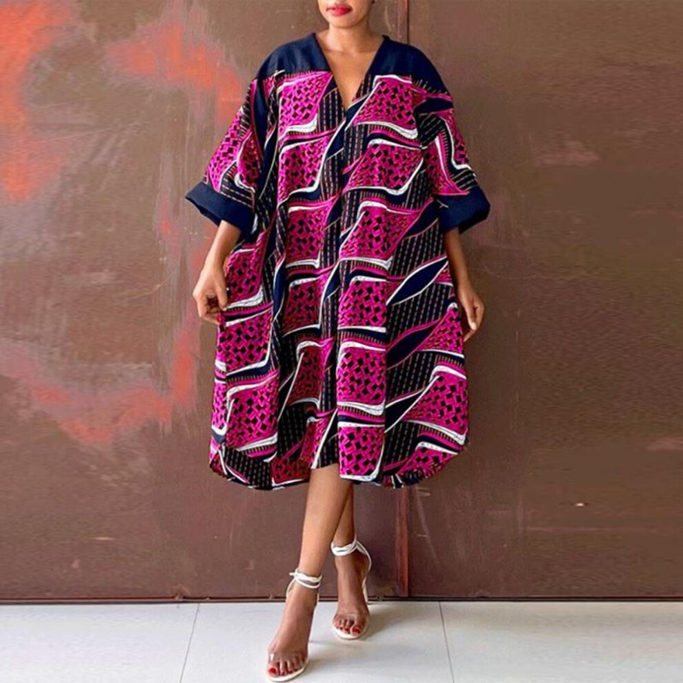 (dark pink, M) Women Casual Plus Size V-Neck Short Sleeve Printed Loose Dress