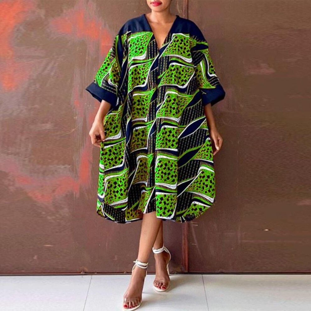 (green, XL) Women Casual Plus Size V-Neck Short Sleeve Printed Loose Dress