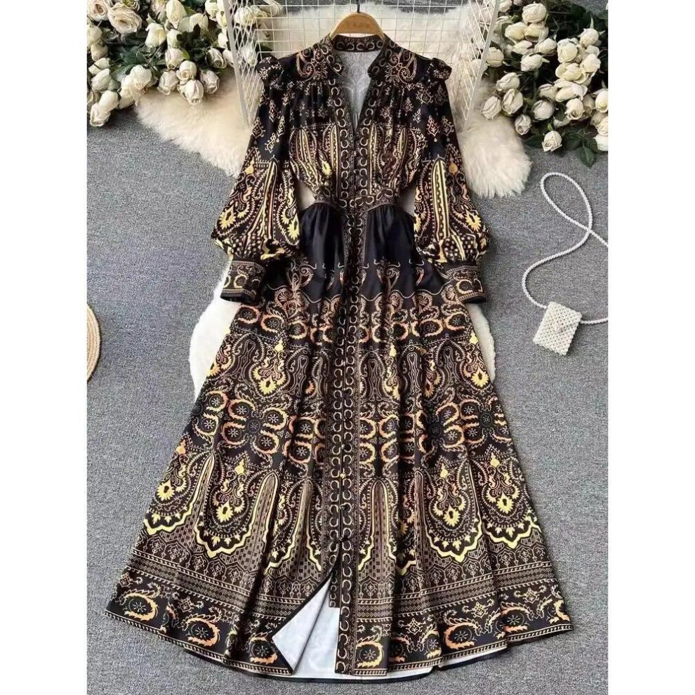 (black, XL) Autumn Vintage Flower Maxi Dress Women&apos;s Lantern Long Sleeve V Neck Single-Breasted A-Line Baroque Printed Ruffles Robe  Dresses