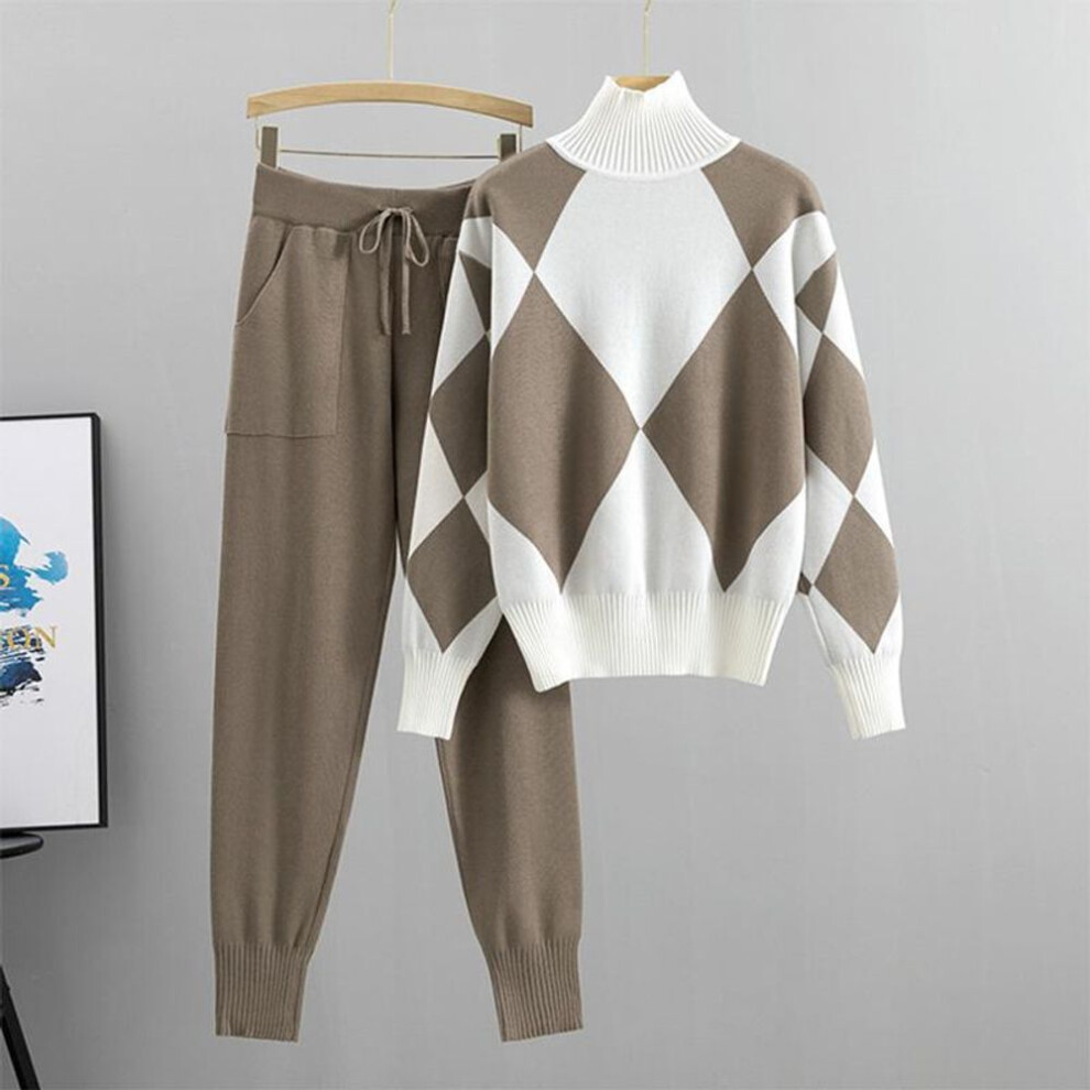 (khaki, XXL) Fashion Suit Women&apos;s Casual Knitted Plaid Sweater Two-piece Set
