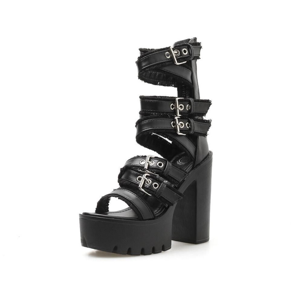 (black, 40) Women Gothic Shoes High Block Heel Hollow Out Sandals Gladiator Clubwear Shoes Platform Fashion Buckle Ankle Strap
