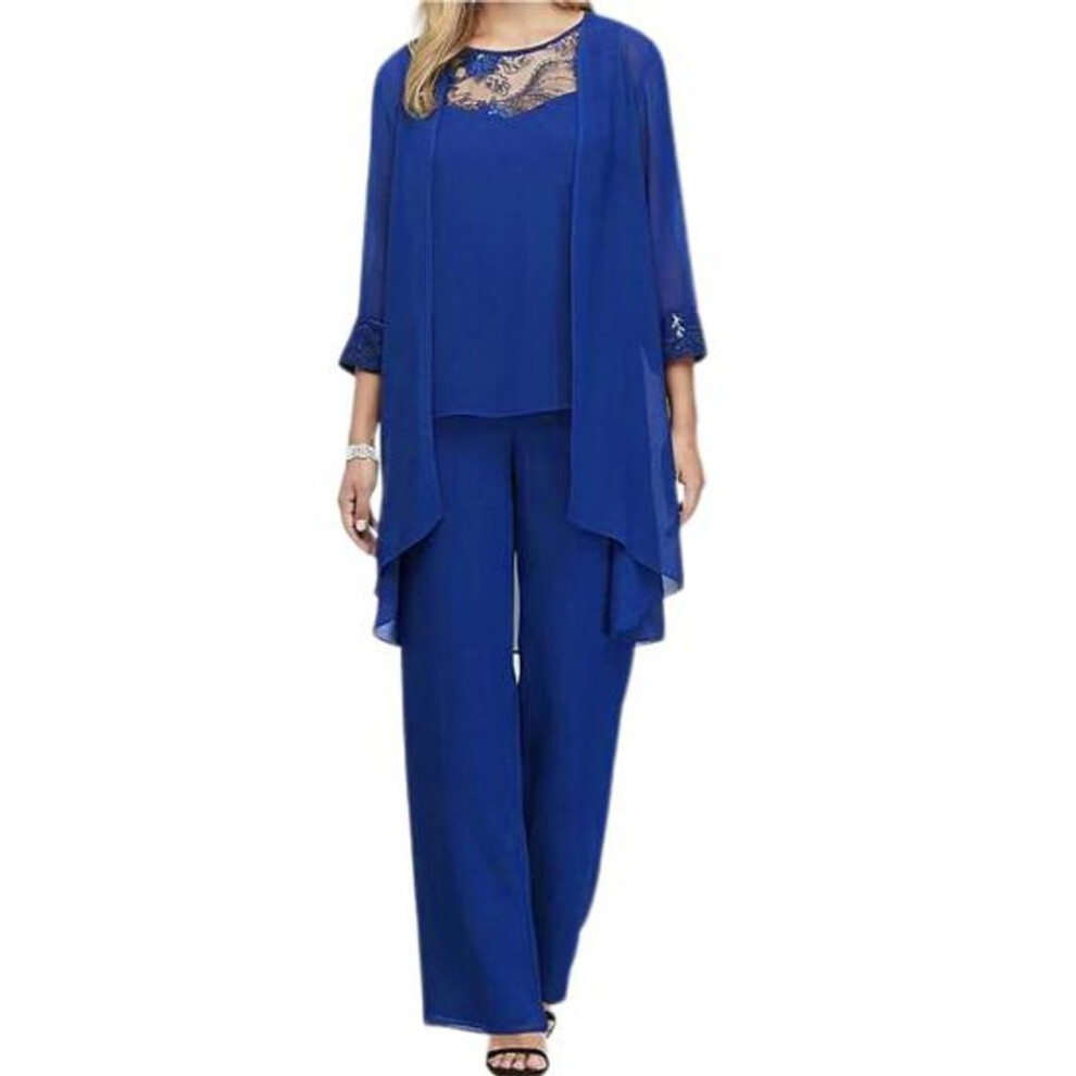 (blue, 4XL) 1 Set Cardigan Vest Pants Lace Patchwork Ladies Slim-fitting Crochet Formal Set Streetwear