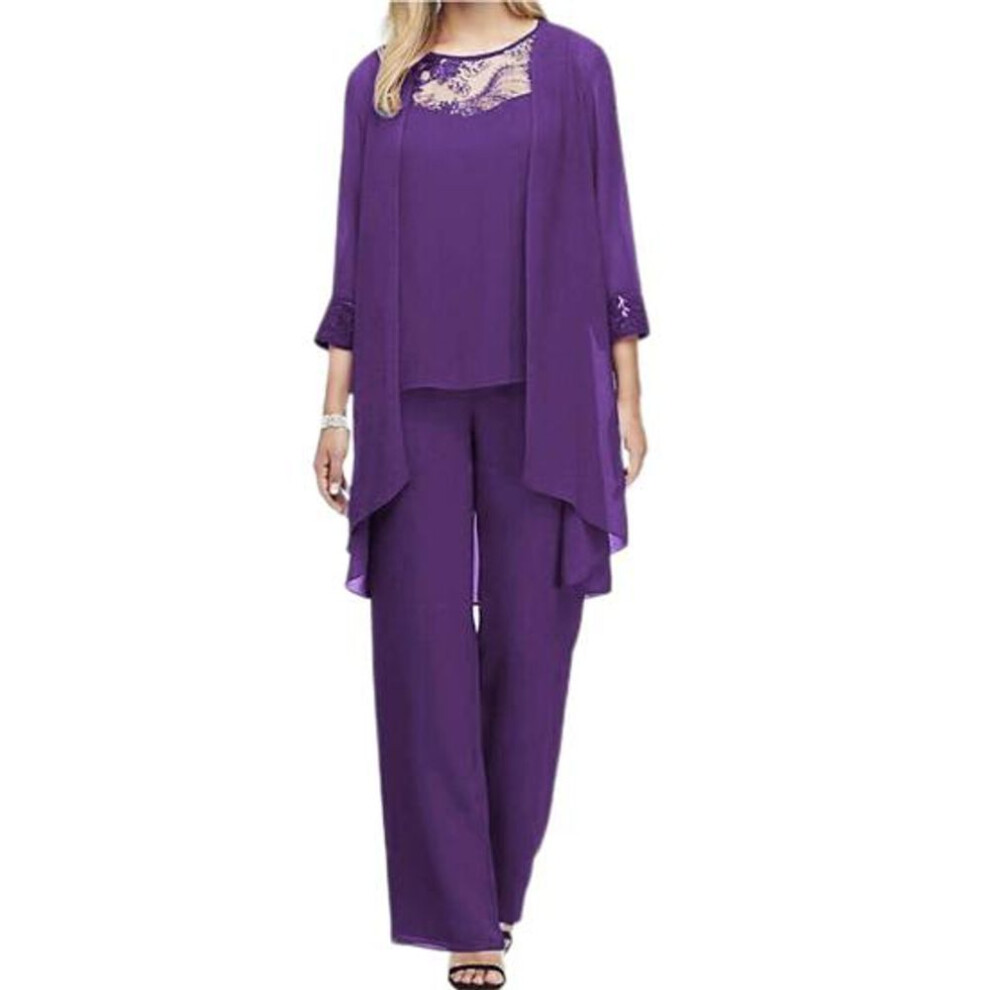(purple, 5XL) 1 Set Cardigan Vest Pants Lace Patchwork Ladies Slim-fitting Crochet Formal Set Streetwear